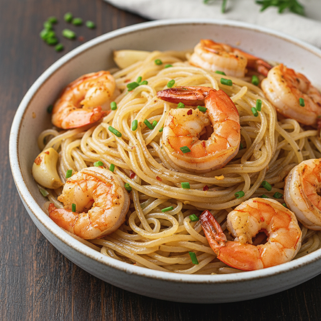Keto Garlic Butter Shirataki Noodles with Shrimp — Asian recipe featuring Shirataki Noodles (fettuccine or spaghetti style)