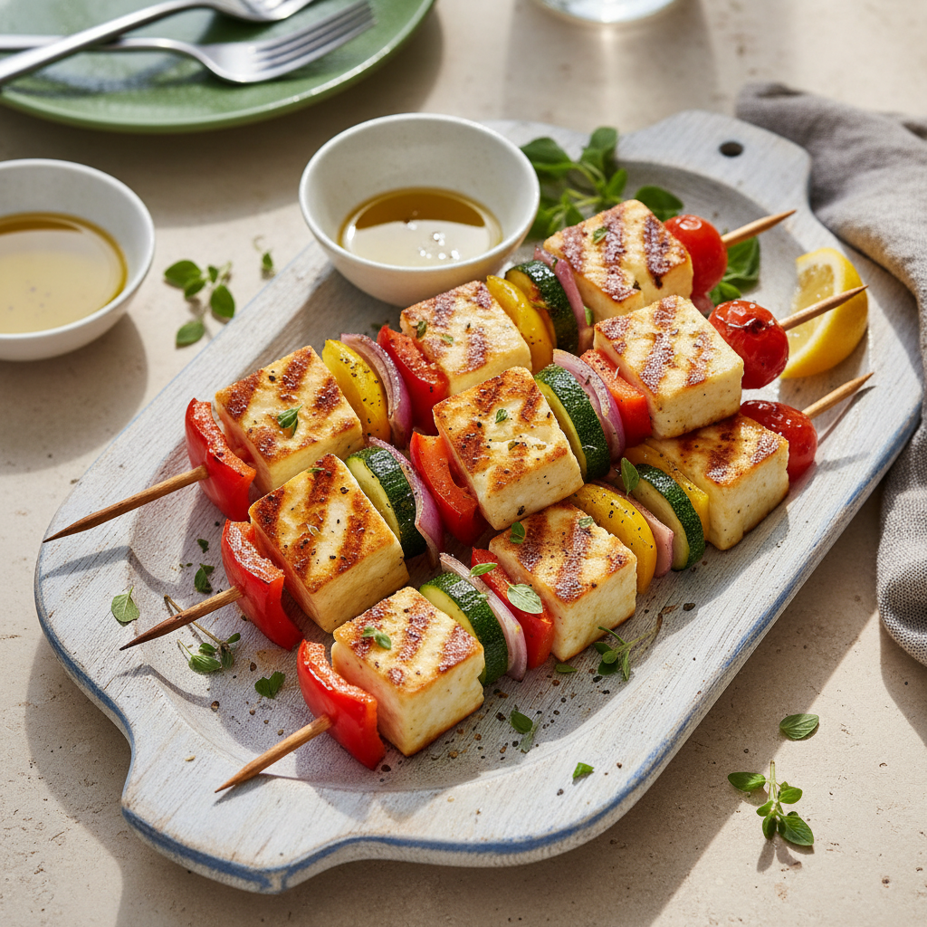 Keto Halloumi and Vegetable Skewers — Mediterranean recipe featuring Halloumi cheese
