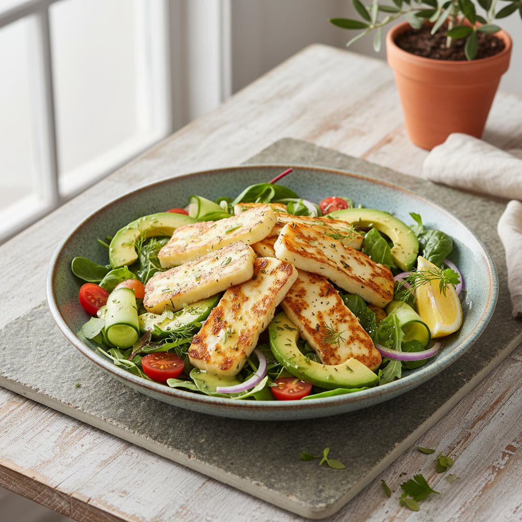 Keto Halloumi & Avocado Salad with Lemon-Herb Vinaigrette — Mediterranean recipe featuring Halloumi cheese