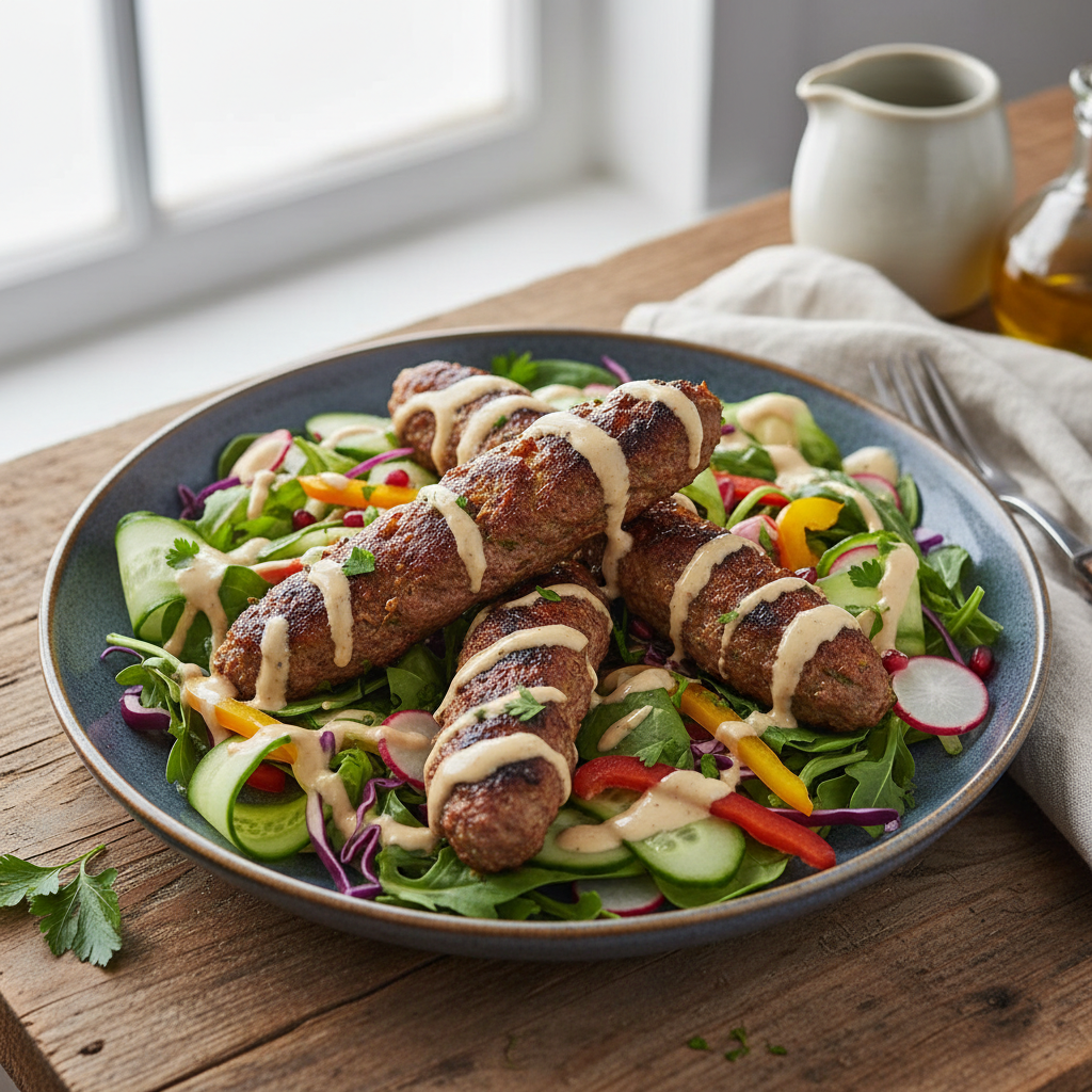 Keto Lamb Kebab Salad with Tahini Dressing — Middle Eastern recipe featuring Ground lamb