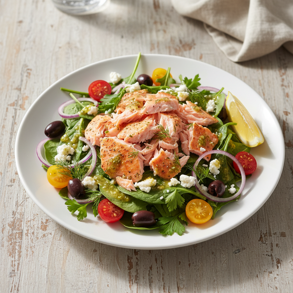 Keto Mediterranean Salmon Salad — Mediterranean recipe featuring Cooked salmon fillet, flaked