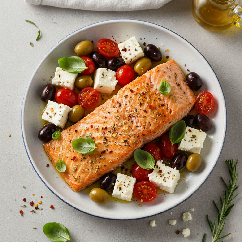 Keto Mediterranean Salmon with Feta and Olives — Mediterranean recipe featuring Salmon Fillets