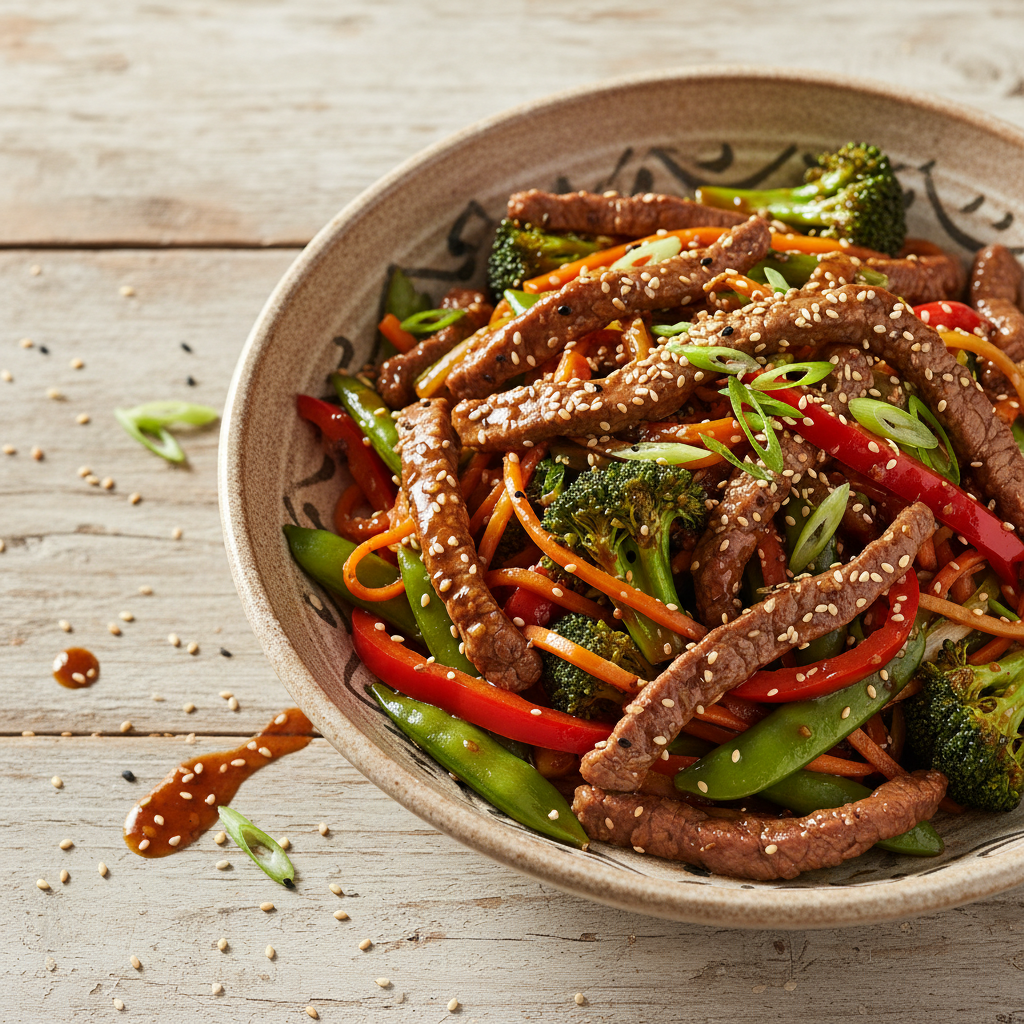 Keto Sesame Ginger Beef Stir-Fry — Asian recipe featuring Beef sirloin or flank steak, thinly sliced