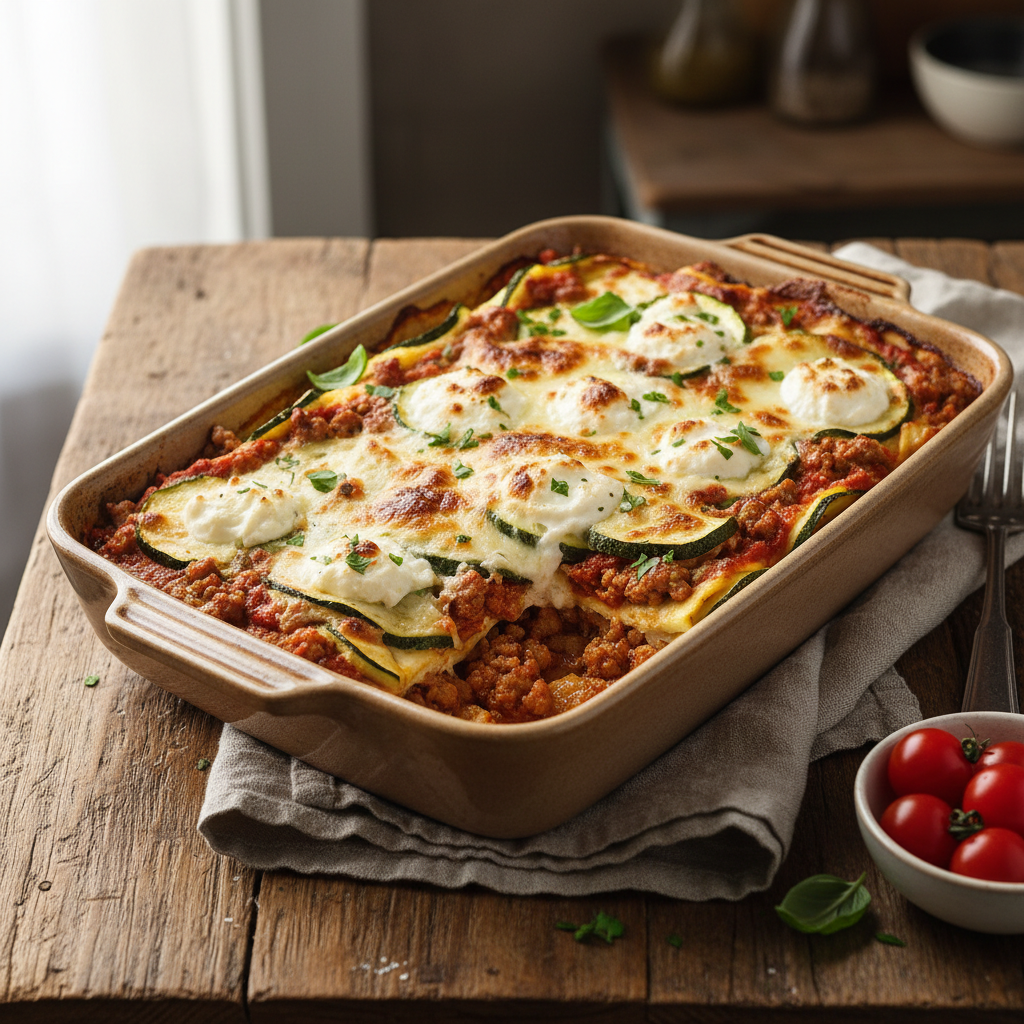 Keto Zucchini Lasagna with Ricotta and Sausage — Italian recipe featuring Zucchini