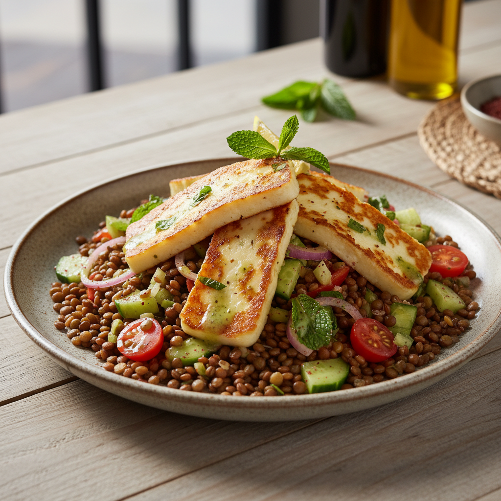 Lentil and Halloumi Salad with Mint Dressing — Middle_Eastern recipe featuring Green or brown lentils, cooked