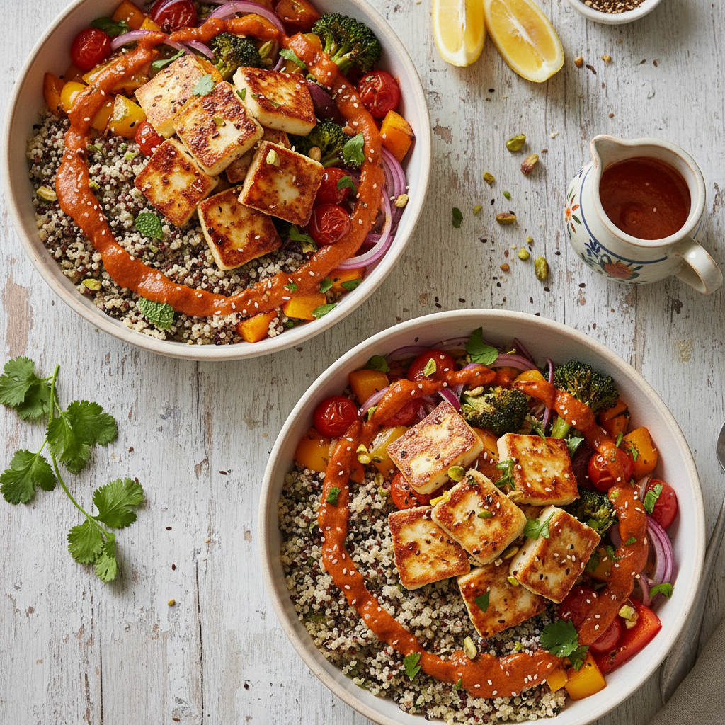 Loaded Halloumi Grain Bowls with Harissa Dressing — Middle_Eastern recipe featuring Quinoa or Couscous