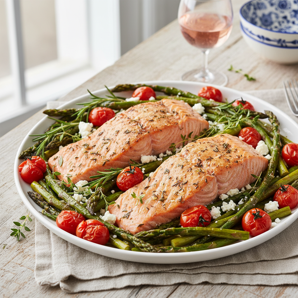 Mediterranean Salmon with Roasted Asparagus & Feta — Mediterranean recipe featuring Salmon fillets
