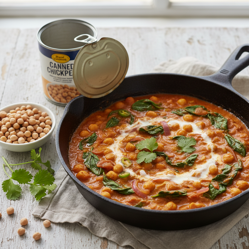 One-Pan Chickpea and Spinach Curry — Indian recipe featuring Canned chickpeas