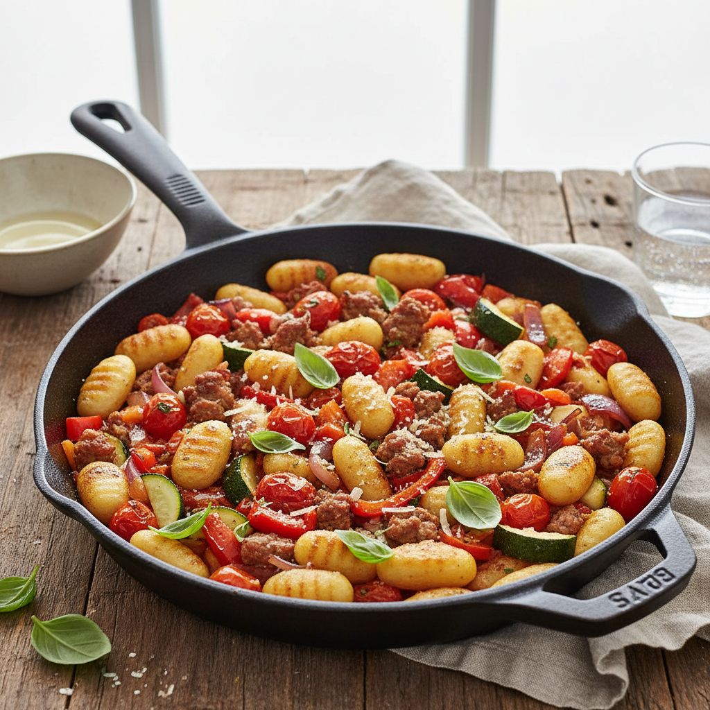One-Pan Gnocchi with Sausage and Roasted Vegetables — Italian recipe featuring Potato gnocchi
