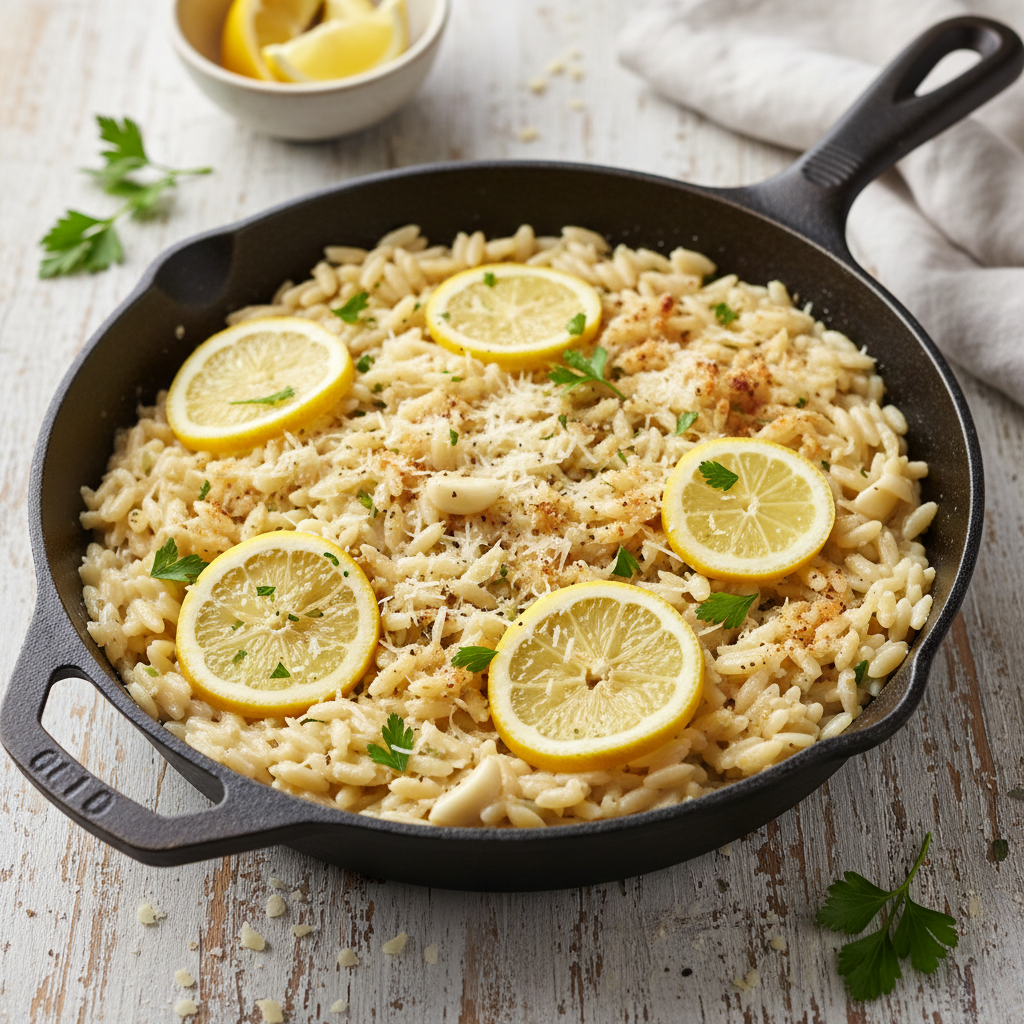 One-Pan Lemon Garlic Parmesan Orzo — Italian recipe featuring Orzo Pasta