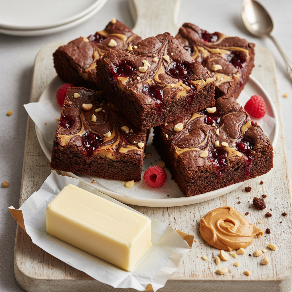 Peanut Butter & Jelly Swirl Brownies — American recipe featuring Unsalted butter