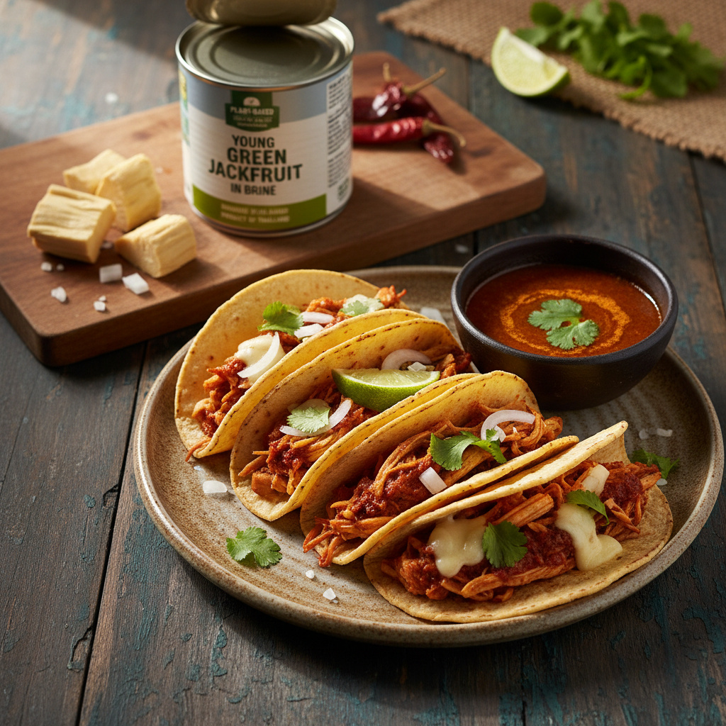 Plant-Based Birria Tacos — Mexican recipe featuring Young green jackfruit in brine, canned