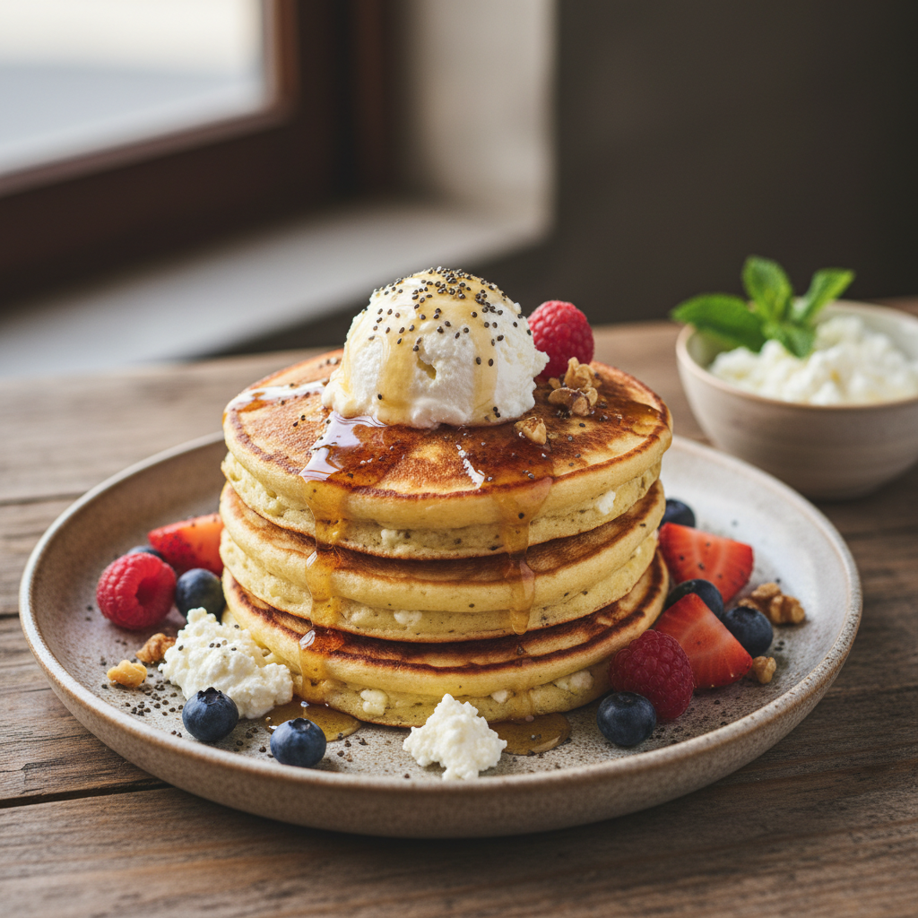 Protein-Packed Cottage Cheese Pancakes — American recipe featuring Cottage cheese