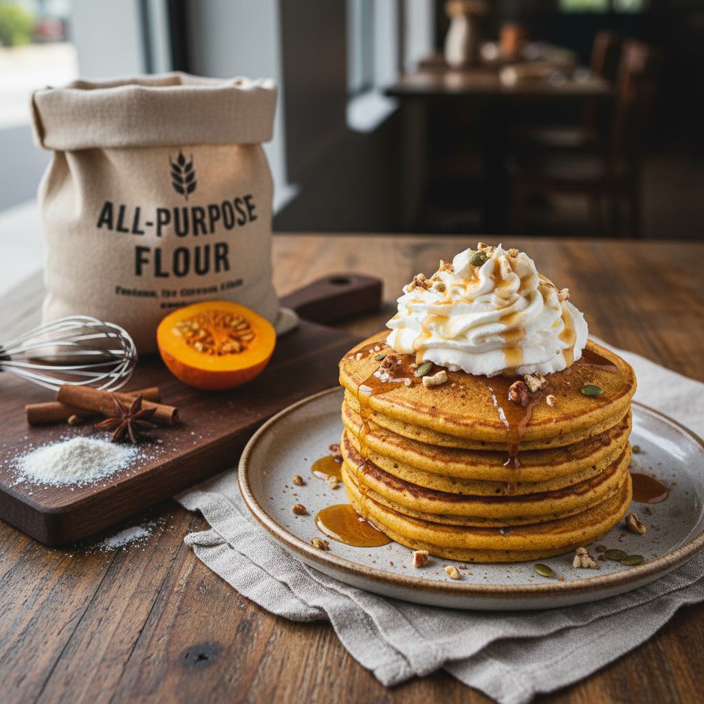 Pumpkin Spice Pancakes with Maple Whipped Cream — American recipe featuring All-Purpose Flour