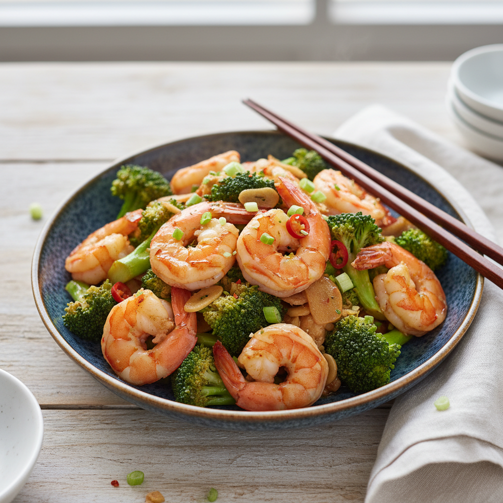 Quick Garlic Shrimp & Broccoli Stir-Fry — Asian recipe featuring Large shrimp