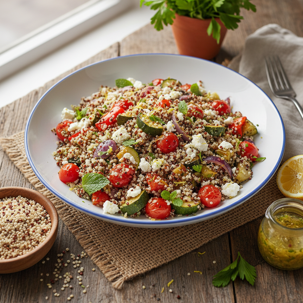 Quinoa Salad with Roasted Vegetables and Feta — Mediterranean recipe featuring Quinoa, uncooked