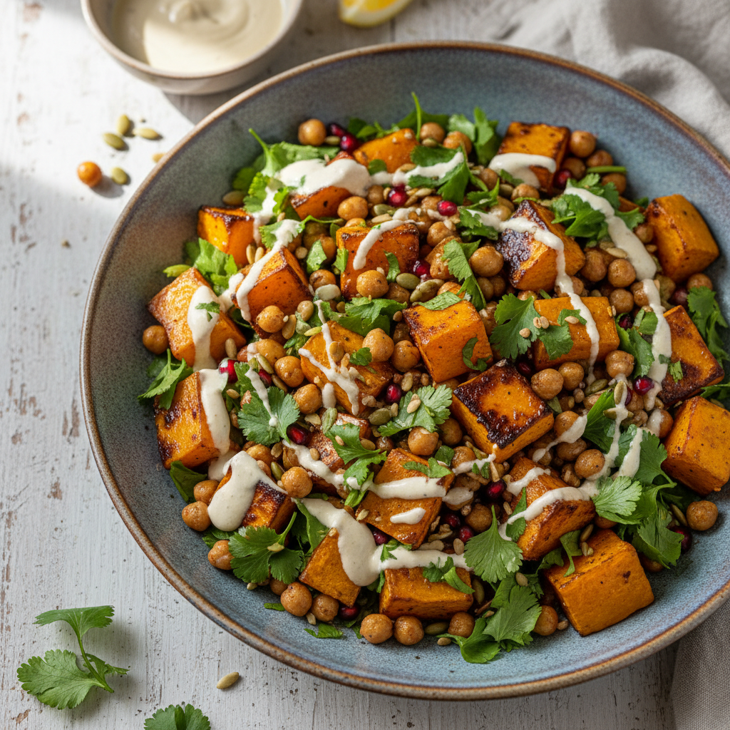 Roasted Butternut Squash and Chickpea Salad with Tahini Dressing — Middle Eastern recipe featuring Butternut Squash