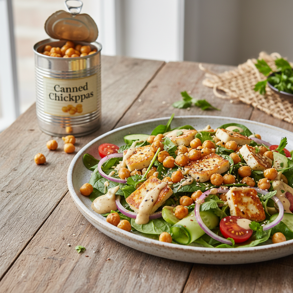 Roasted Chickpea and Halloumi Salad with Tahini Dressing — Middle Eastern recipe featuring Canned Chickpeas