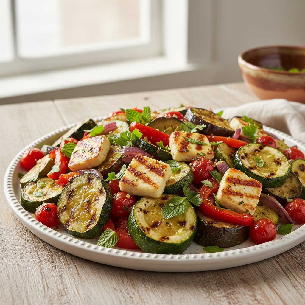Roasted Mediterranean Vegetable & Halloumi Salad — Mediterranean recipe featuring Zucchini (chopped)