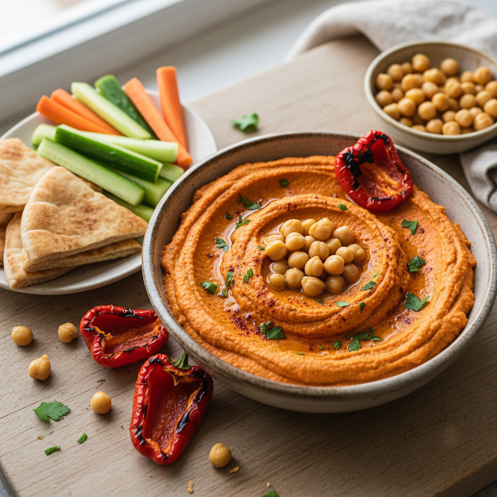Roasted Red Pepper Hummus — Middle Eastern recipe featuring Chickpeas, canned