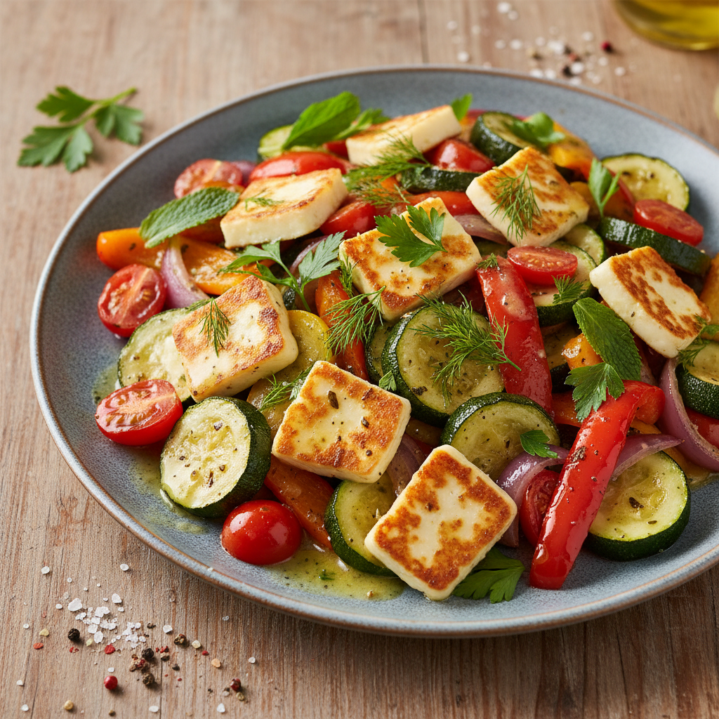 Roasted Vegetable and Halloumi Salad with Lemon-Herb Dressing — Mediterranean recipe featuring Zucchini