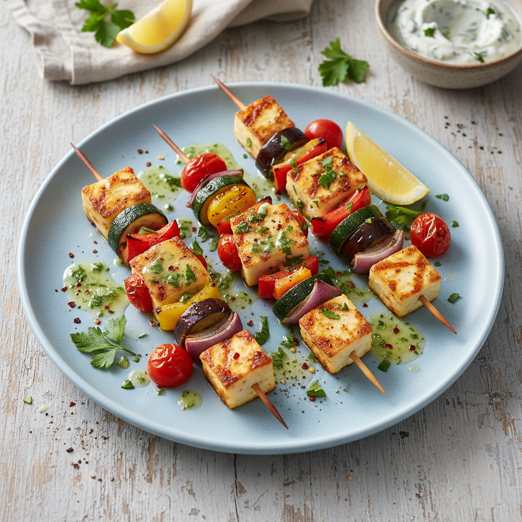 Roasted Vegetable & Halloumi Skewers — Mediterranean recipe featuring Halloumi Cheese