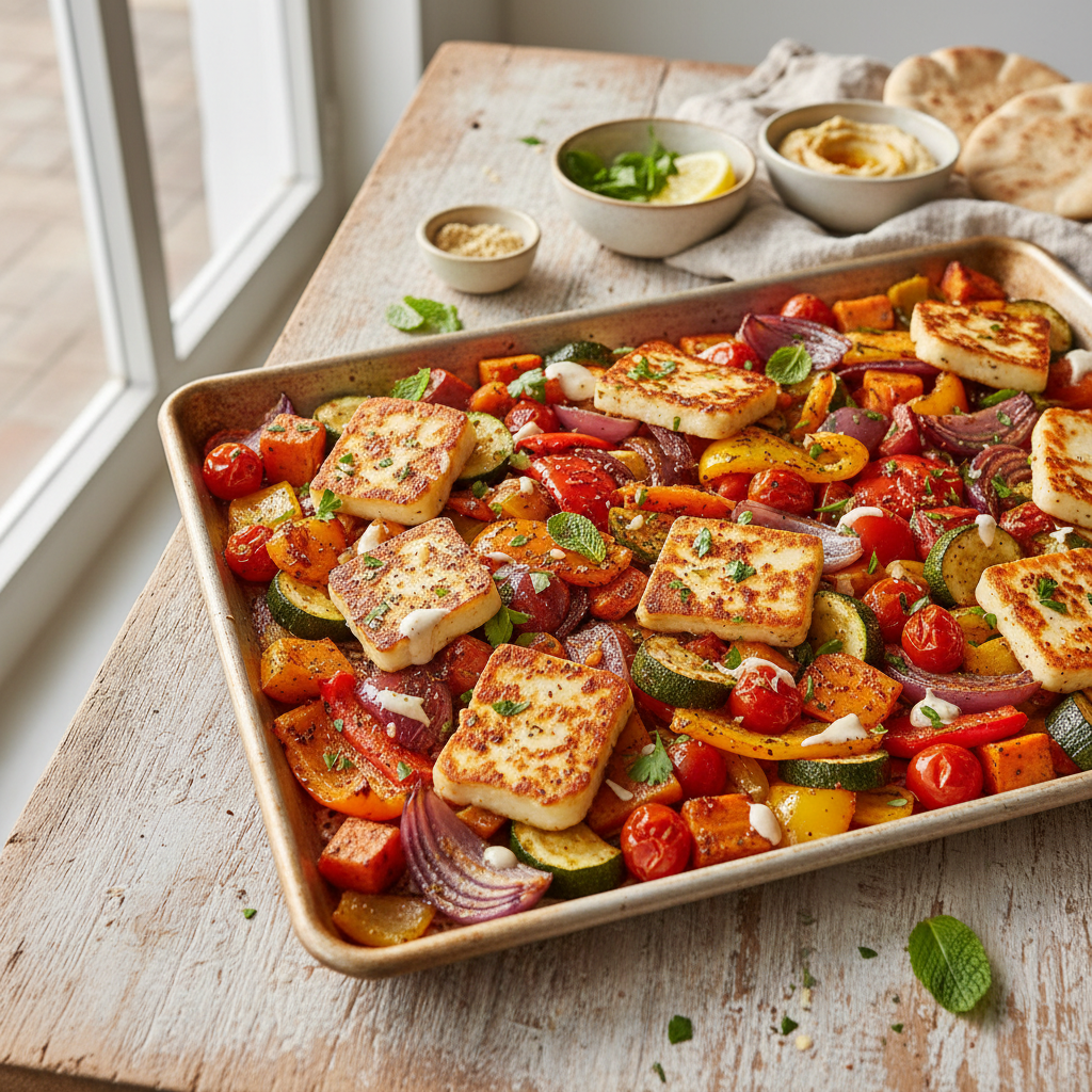 Sheet Pan Halloumi & Roasted Vegetable Shawarma — Middle_Eastern recipe featuring Halloumi cheese