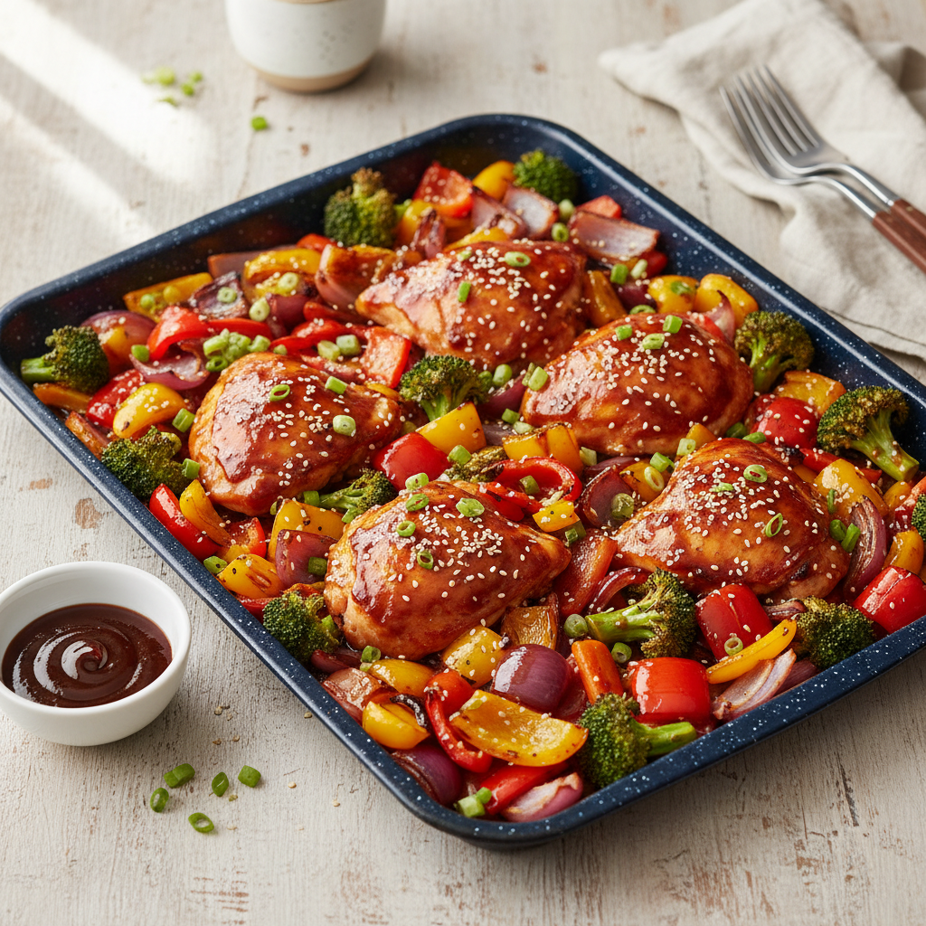 Sheet Pan Hoisin Chicken & Veggies — Asian recipe featuring Boneless, skinless chicken thighs