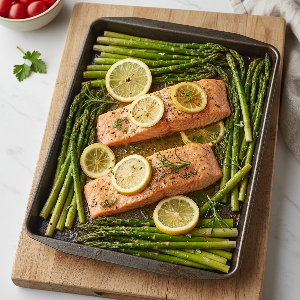 Sheet Pan Lemon Herb Salmon and Asparagus — Mediterranean recipe featuring Salmon Fillets