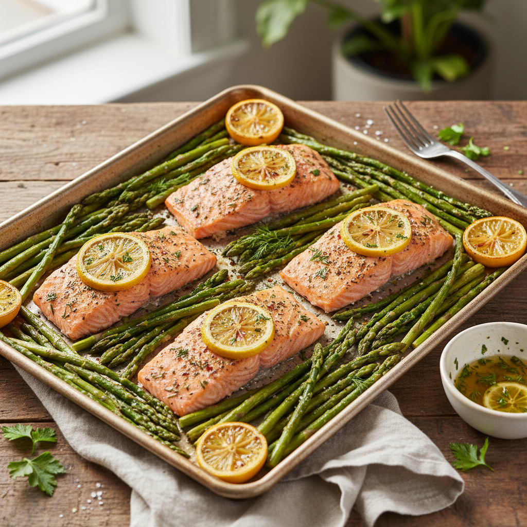 Sheet Pan Lemon Herb Salmon & Asparagus — Mediterranean recipe featuring Salmon fillets