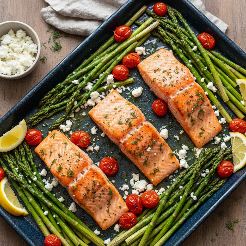 Sheet Pan Salmon with Asparagus and Feta — Mediterranean recipe featuring Salmon fillets