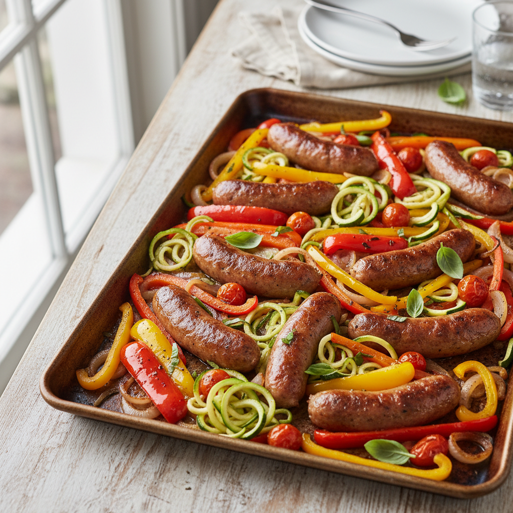 Sheet Pan Sausage and Peppers with Zucchini Noodles — Italian recipe featuring Italian Sausage (links, sweet or spicy)