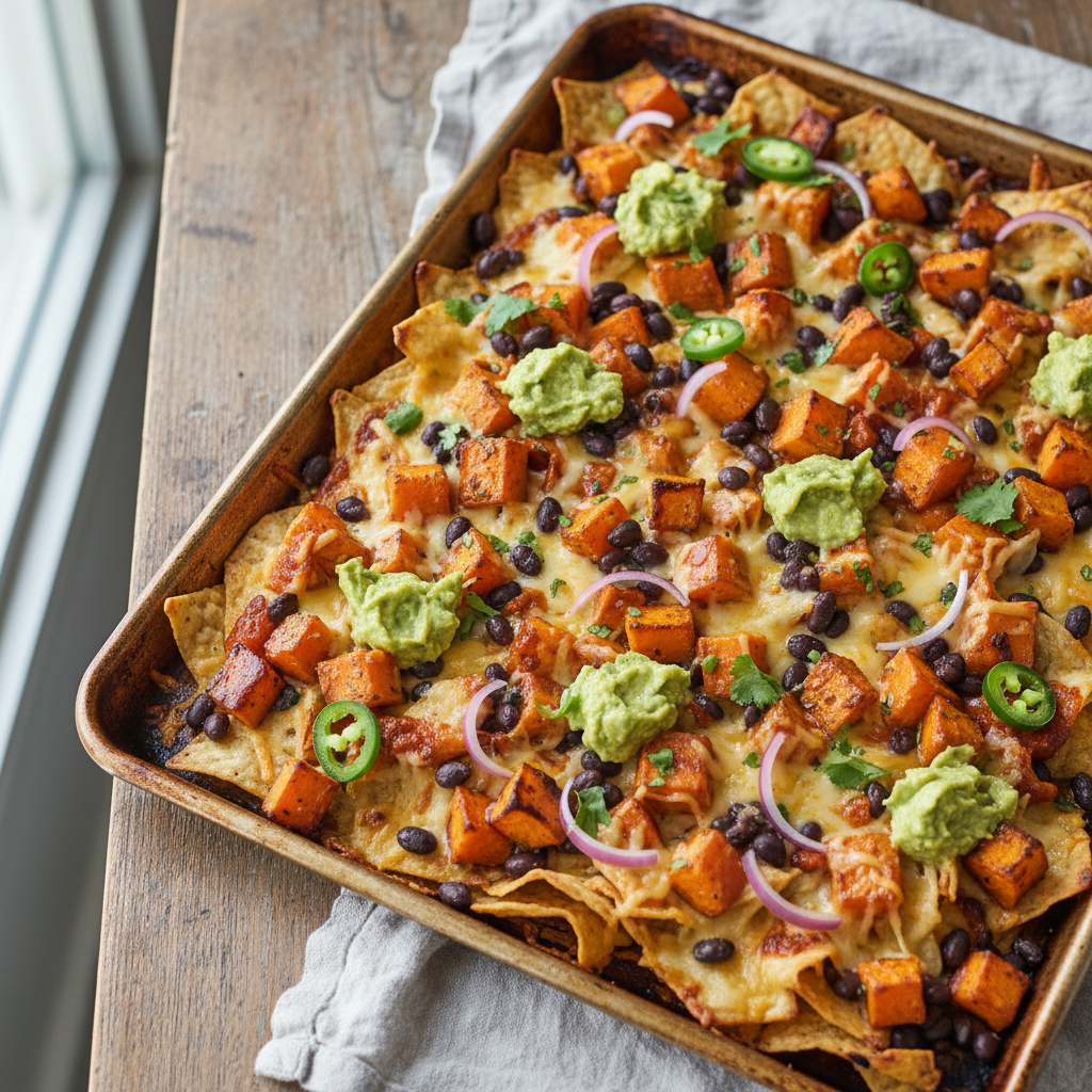 Sheet Pan Sweet Potato and Black Bean Nachos — Mexican recipe featuring Sweet potatoes