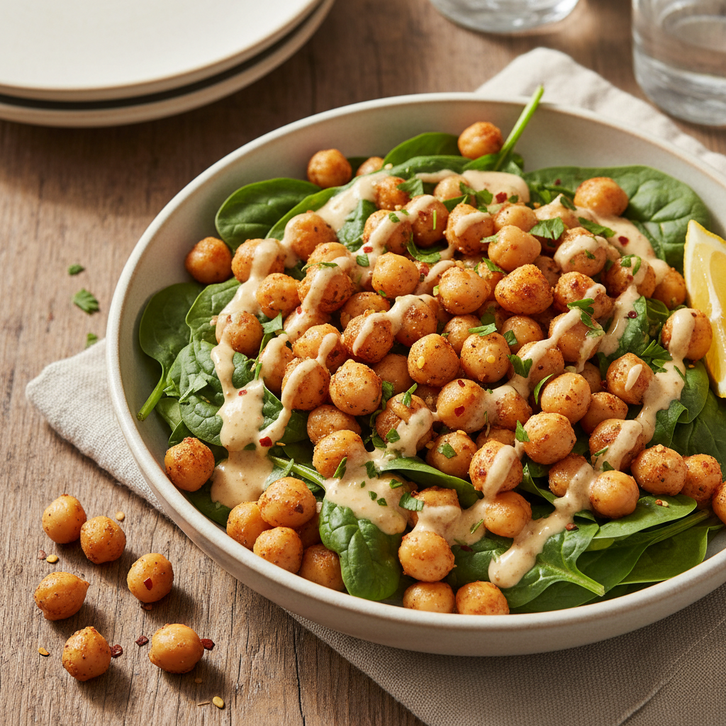Spiced Chickpea and Spinach Bowls with Tahini Dressing — Middle Eastern recipe featuring Canned chickpeas