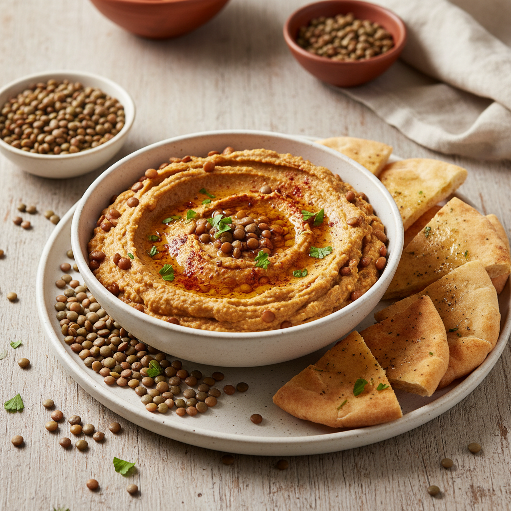 Spiced Lentil Hummus with Pita Bread — Middle Eastern recipe featuring Green or Brown Lentils