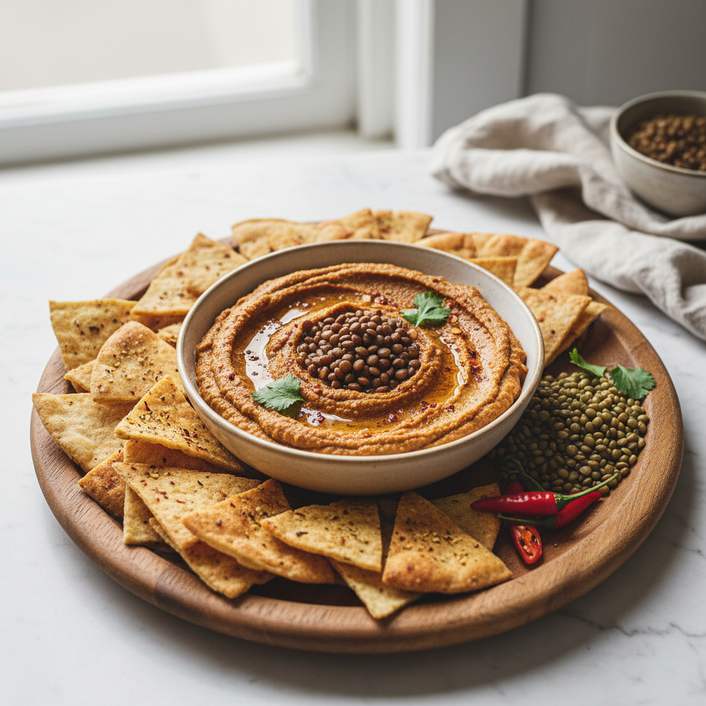 Spiced Lentil Hummus with Pita Chips — Middle Eastern recipe featuring Brown or green lentils