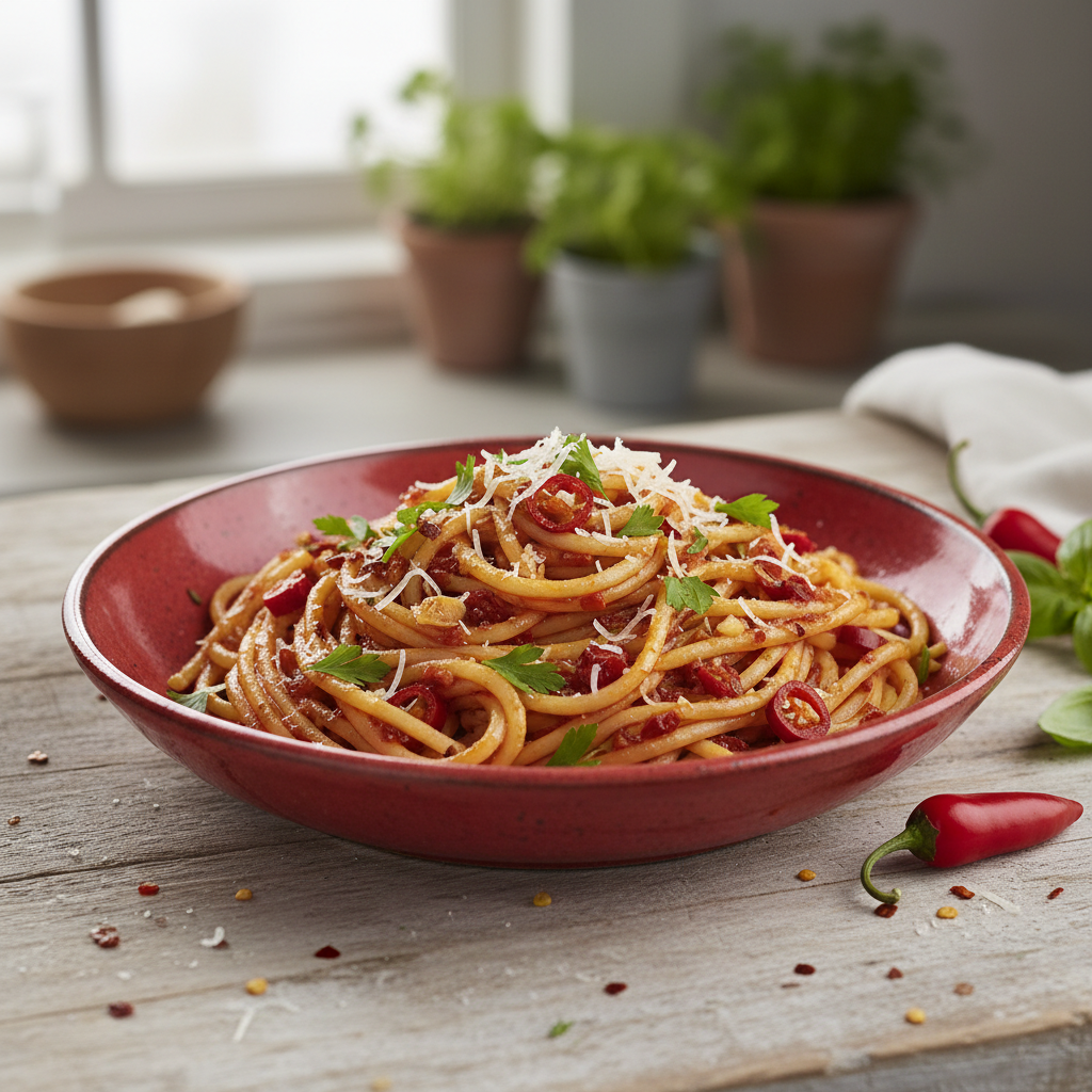 Spicy Calabrian Chili Pasta — Italian recipe featuring Spaghetti or bucatini