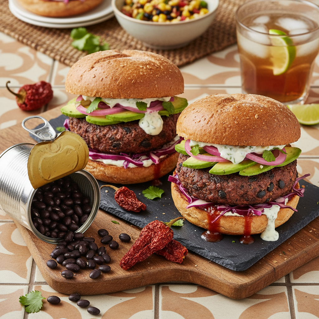 Spicy Chipotle Black Bean Burgers — Mexican recipe featuring Canned black beans, rinsed and drained