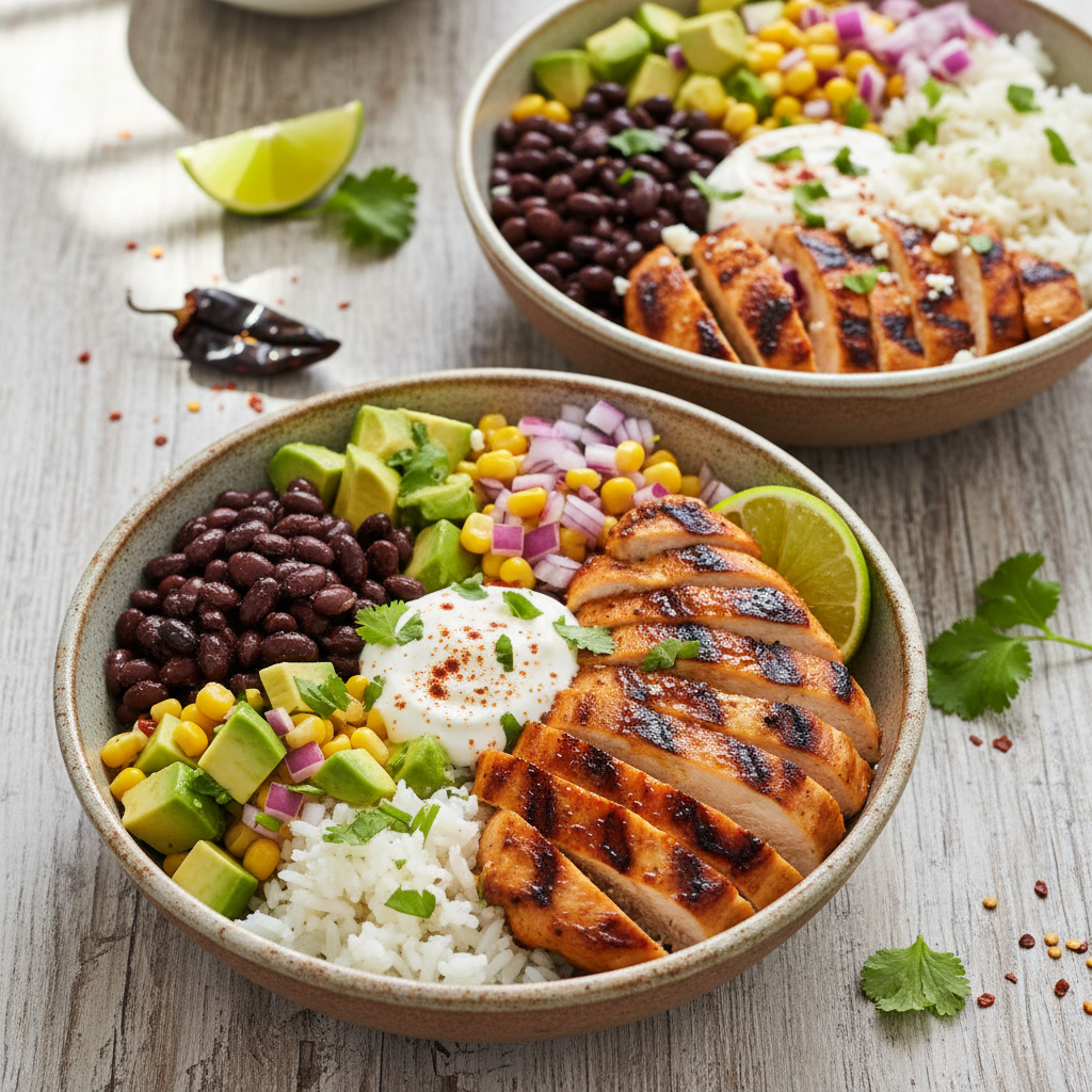 Spicy Chipotle Chicken Burrito Bowls — Mexican recipe featuring Chicken breast