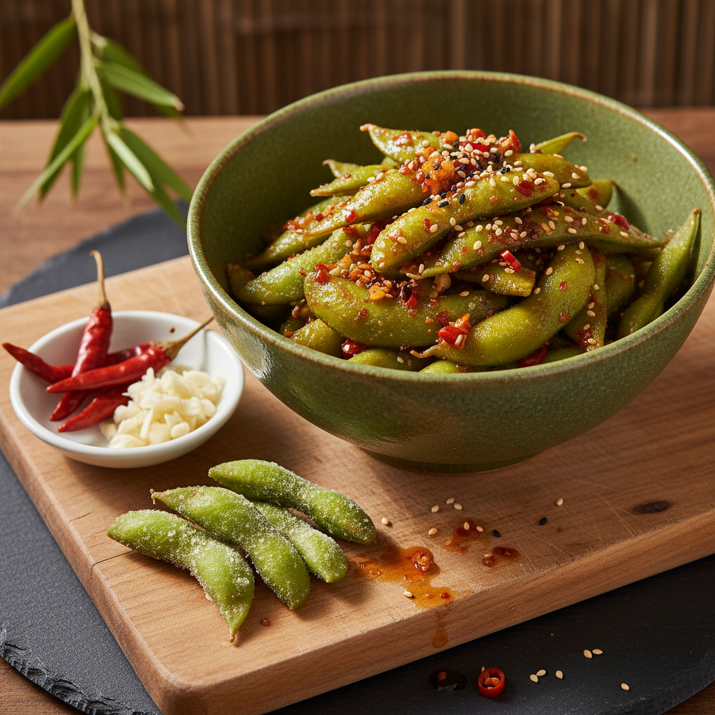 Spicy Edamame with Garlic and Chili — Japanese recipe featuring Frozen Edamame Pods