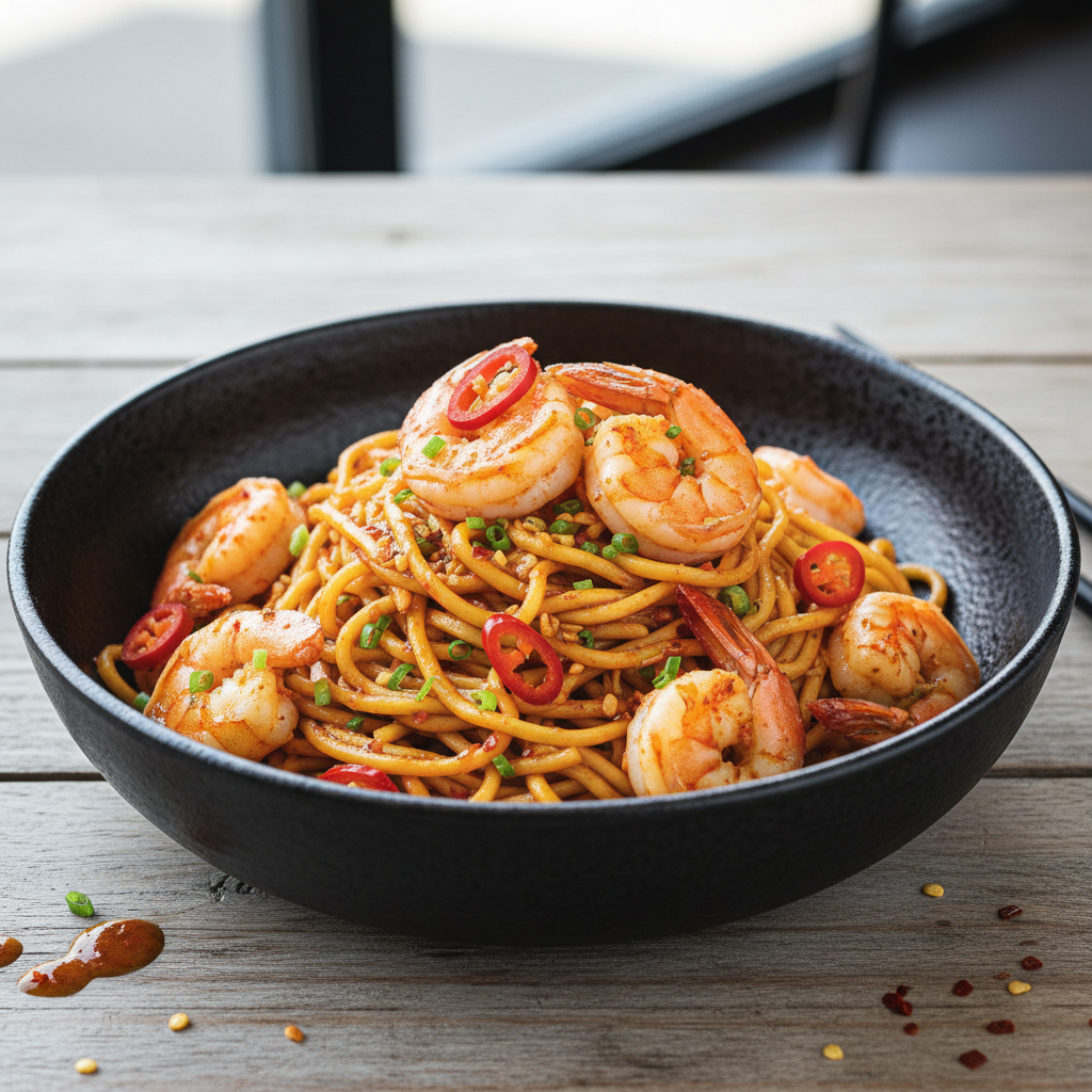Spicy Garlic Shrimp Noodles — Asian recipe featuring Shrimp (peeled and deveined)