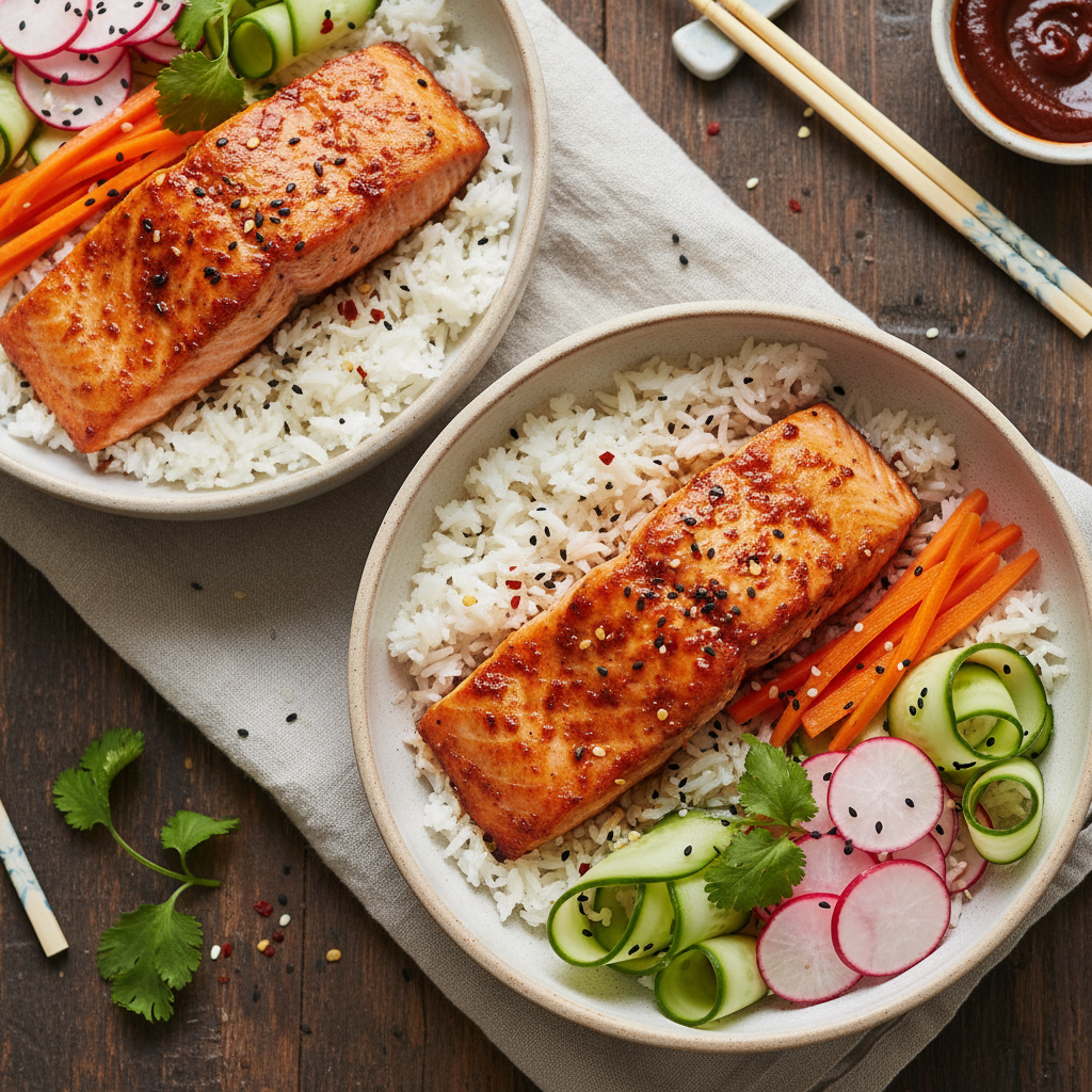 Spicy Gochujang Glazed Salmon Bowls — American recipe featuring Salmon fillets