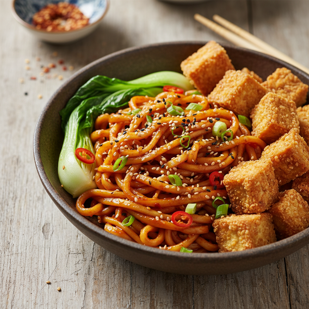Spicy Gochujang Noodles with Crispy Tofu — Asian recipe featuring Ramen noodles (vegan)