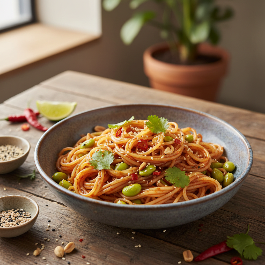 Spicy Gochujang Peanut Noodles with Edamame — Asian recipe featuring Gluten-free rice noodles