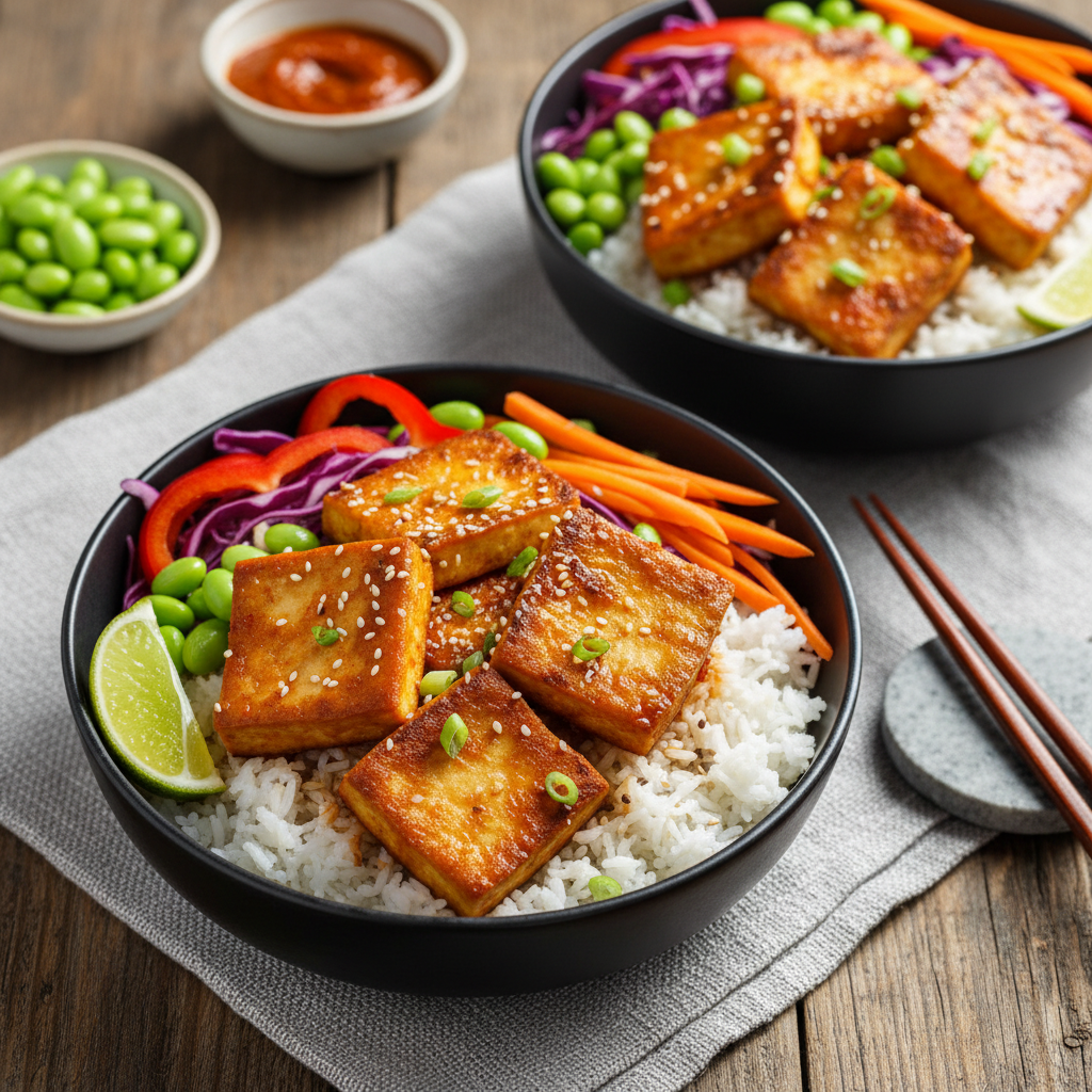 Spicy Gochujang Tofu Bowls — Asian recipe featuring Extra-firm tofu