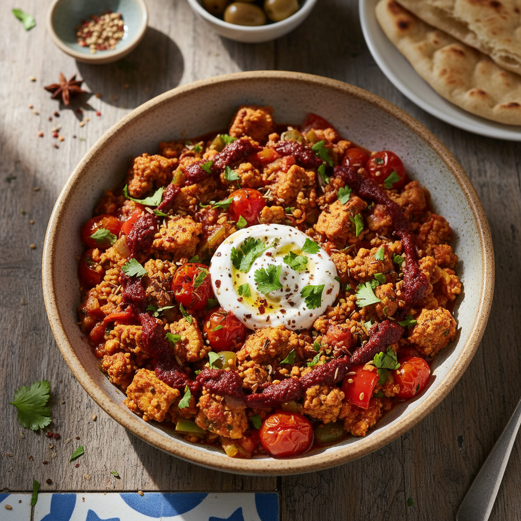 Spicy Harissa Tofu Scramble with Shakshuka Spice — Middle Eastern recipe featuring Firm or extra-firm tofu, pressed