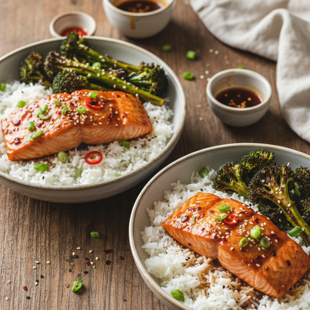 Spicy Honey Garlic Salmon Bowls — American recipe featuring Salmon fillets