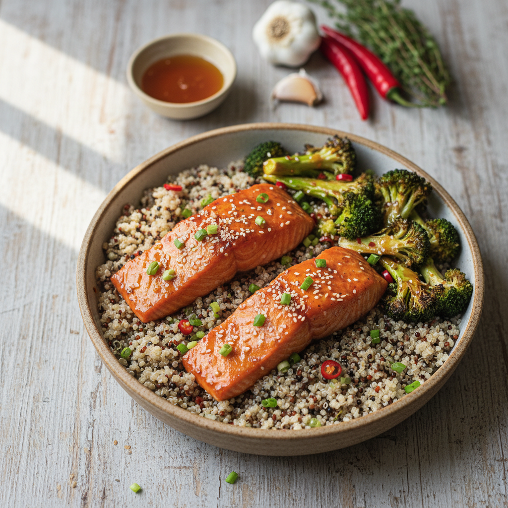 Spicy Honey Garlic Salmon Bowls — American recipe featuring Salmon fillets