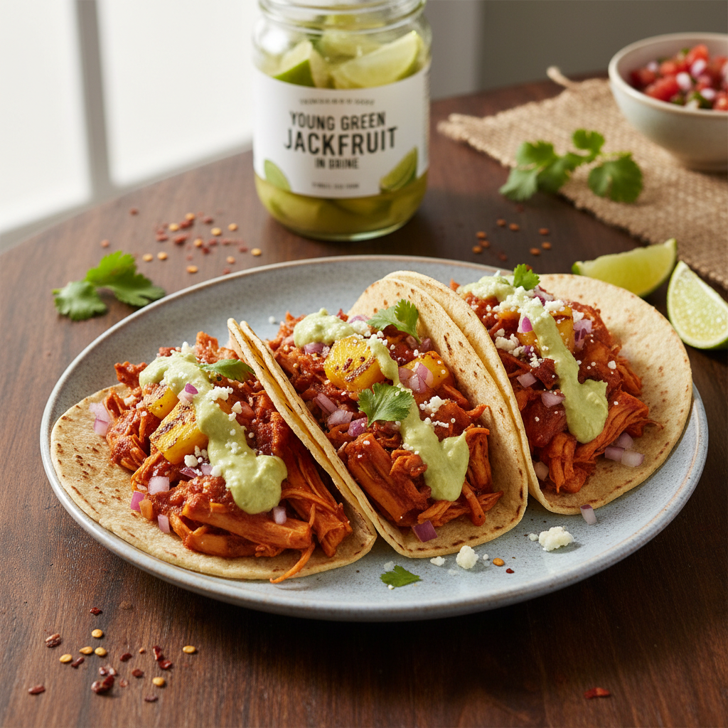 Spicy Jackfruit Tacos with Avocado Crema — Mexican recipe featuring Young Green Jackfruit in Brine
