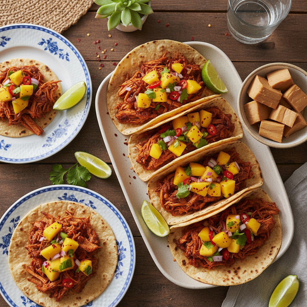 Spicy Jackfruit Tacos with Mango Salsa — Mexican recipe featuring Canned young jackfruit